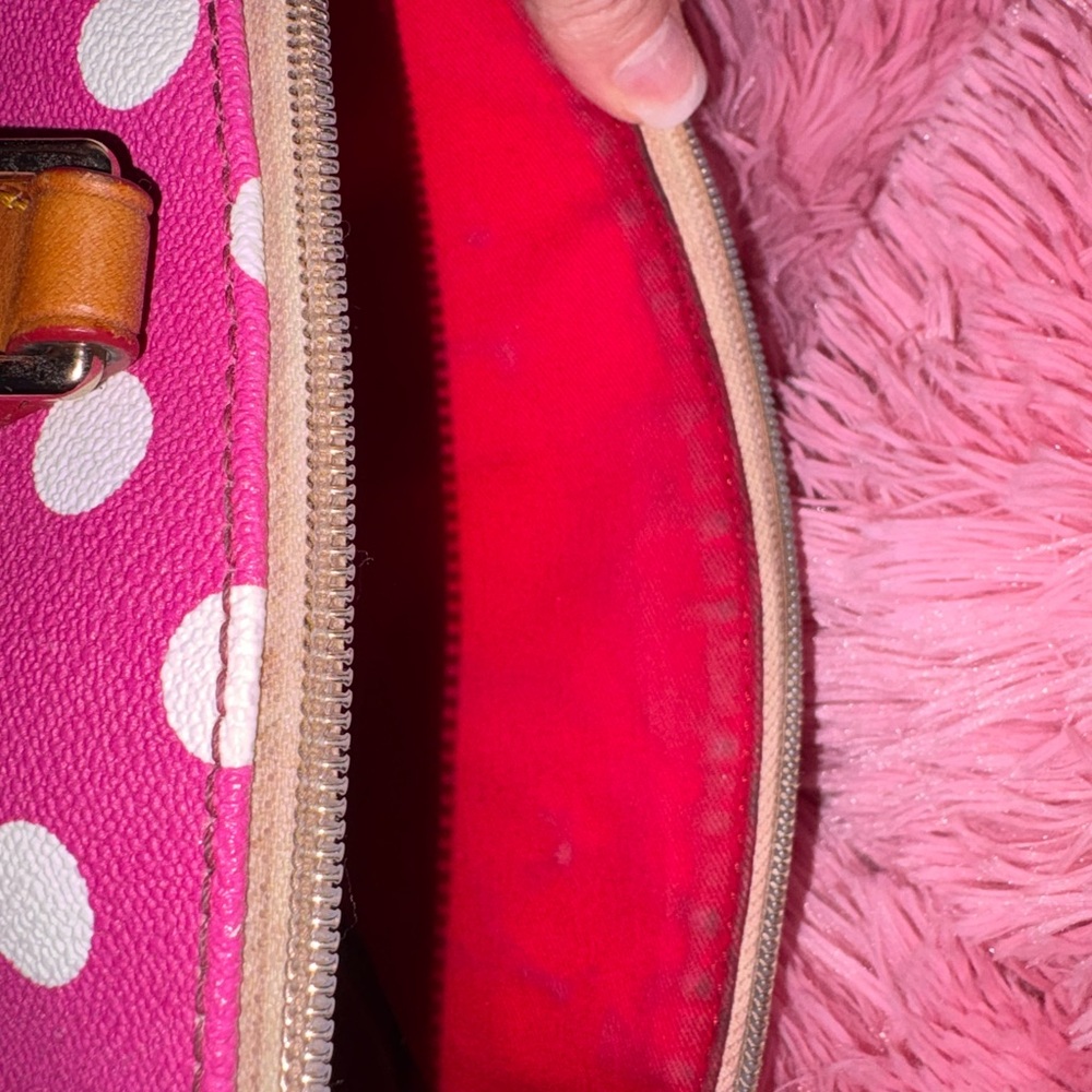 Dooney & Bourke Hot Pink and White Polka Dot Satchel with Brown Trim - Picture 11 of 11
